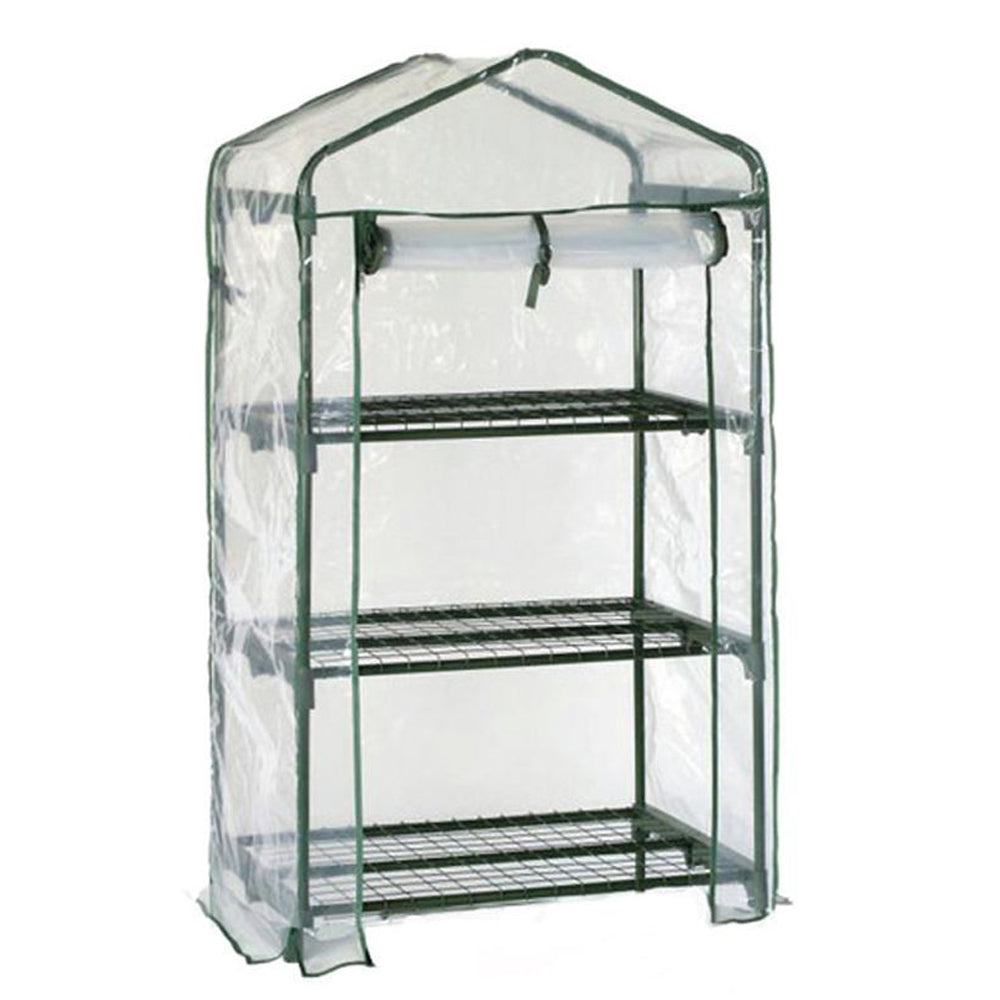 Proplus 3 tier mini greenhouse with dark green metal frame and transparent plastic cover featuring three wire shelves and peaked roof design