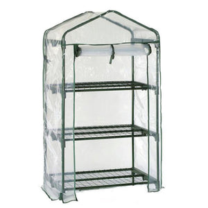 Proplus 3 tier mini greenhouse with dark green metal frame and transparent plastic cover featuring three wire shelves and peaked roof design