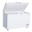 White Belling chest freezer with 371 litre capacity, open lid displaying interior storage baskets and dotted base, featuring control panel on front and castors for mobility