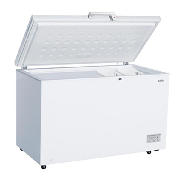 White Belling chest freezer with 371 litre capacity, open lid displaying interior storage baskets and dotted base, featuring control panel on front and castors for mobility