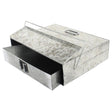 Galvanised steel ash safe storage box with hinged lid and front drawer, measuring 16.5 x 4.5 x 15 inches, featuring metal handle and latch closure in silver-grey finish