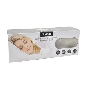 De Vielle Luxury Long Rechargeable Hot Water Bottle in grey with product packaging showing woman sleeping, featuring icons for heat settings and safety features