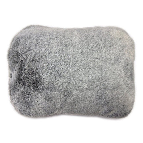 De Vielle plush grey rechargeable electric hot water bottle with soft fuzzy fabric cover and rounded rectangular shape on white background