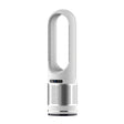White bladeless tower fan with perforated metal base, oval-shaped air outlet, digital control panel, and dual hot and cold function capability