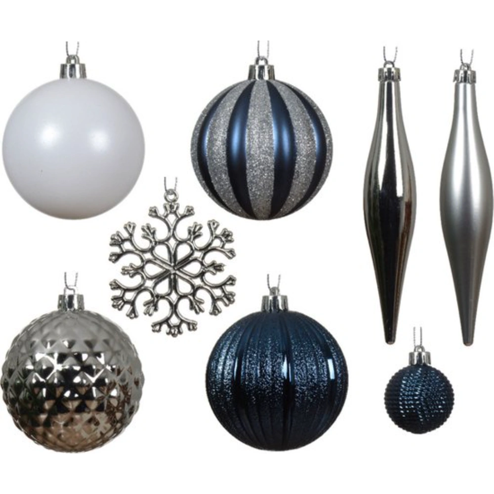 Decoris Blue, Silver and White Shatterproof Bauble Mix - Pack of 46