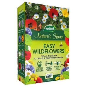 Westland Nature's Haven Easy Wildflowers seed mix box featuring vibrant red poppies, white daisies, yellow and purple flowers with a butterfly, green packaging indicating all-in-one wildflower garden mix that covers 16m2 and attracts bees and butterflies