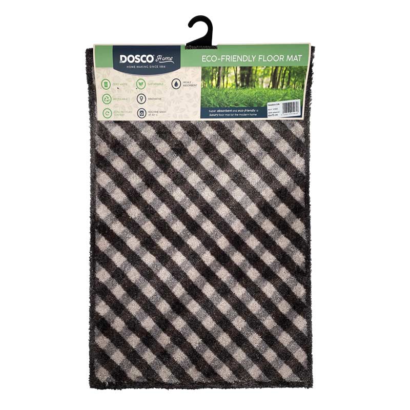 Dosco Home eco-friendly floor mat 50cm x 75cm with black and grey diagonal stripe pattern on packaging with hanger