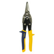 Irwin aviation snips straight cut 250mm with steel blade and blue and yellow ergonomic handles isolated on white background