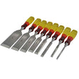 Eight piece set of IRWIN Marples bevel edge chisels with yellow and red handles arranged in descending size order, featuring grey metal blades and wooden grips