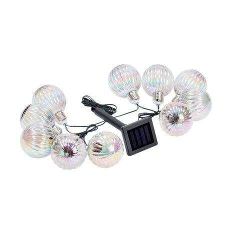 Solar-powered string lights featuring 10 iridescent opal orb bulbs with rainbow prism effect, black solar panel controller and connecting wires on white background