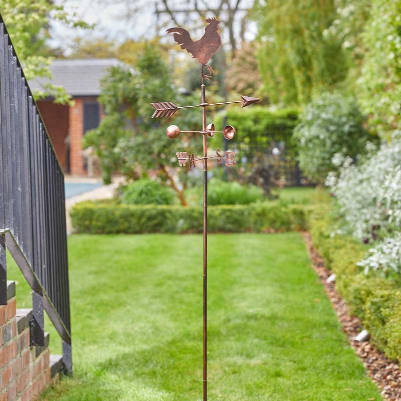 Copper cockerel weather vane with directional arrow and cardinal points mounted on tall pole in garden setting with green lawn and hedges