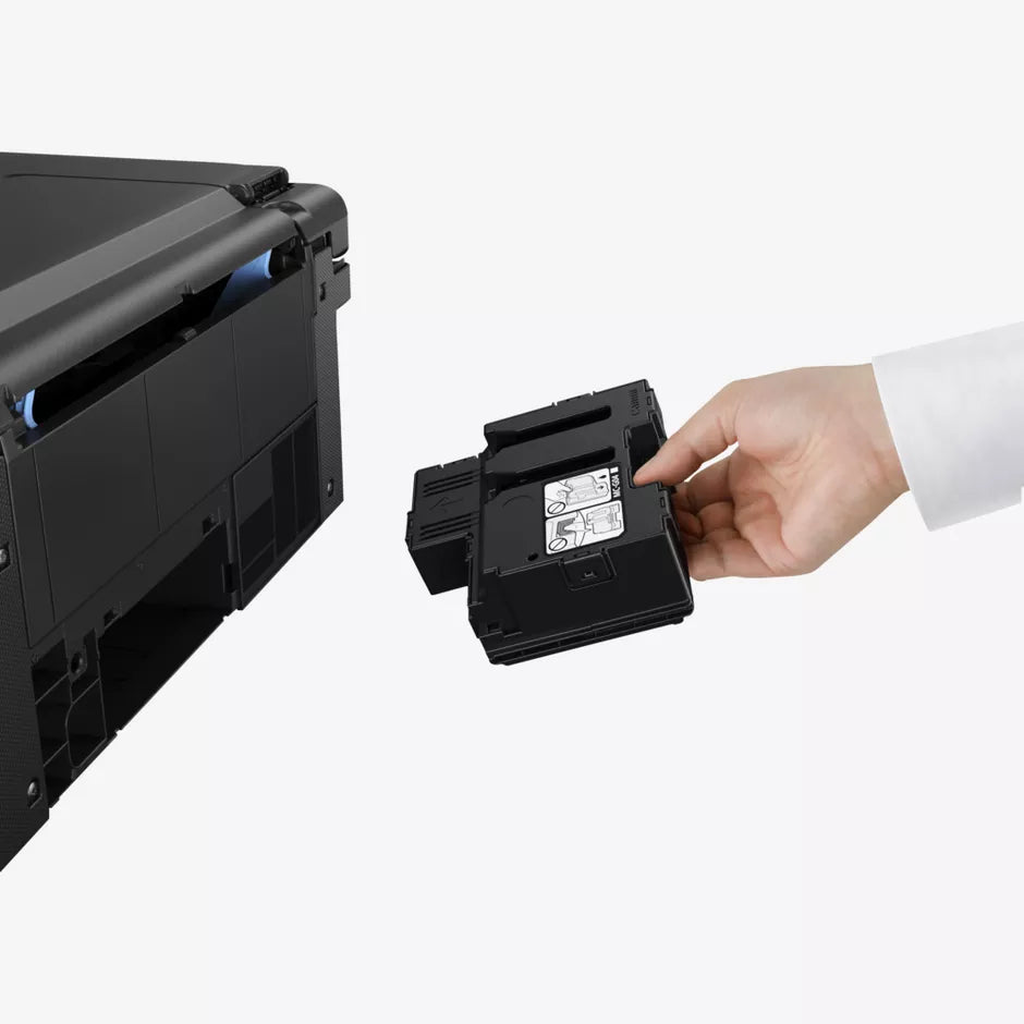 Person replacing a black printer cartridge with a white background