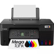 Canon Mega Tank printer with ink cartridges on a white background