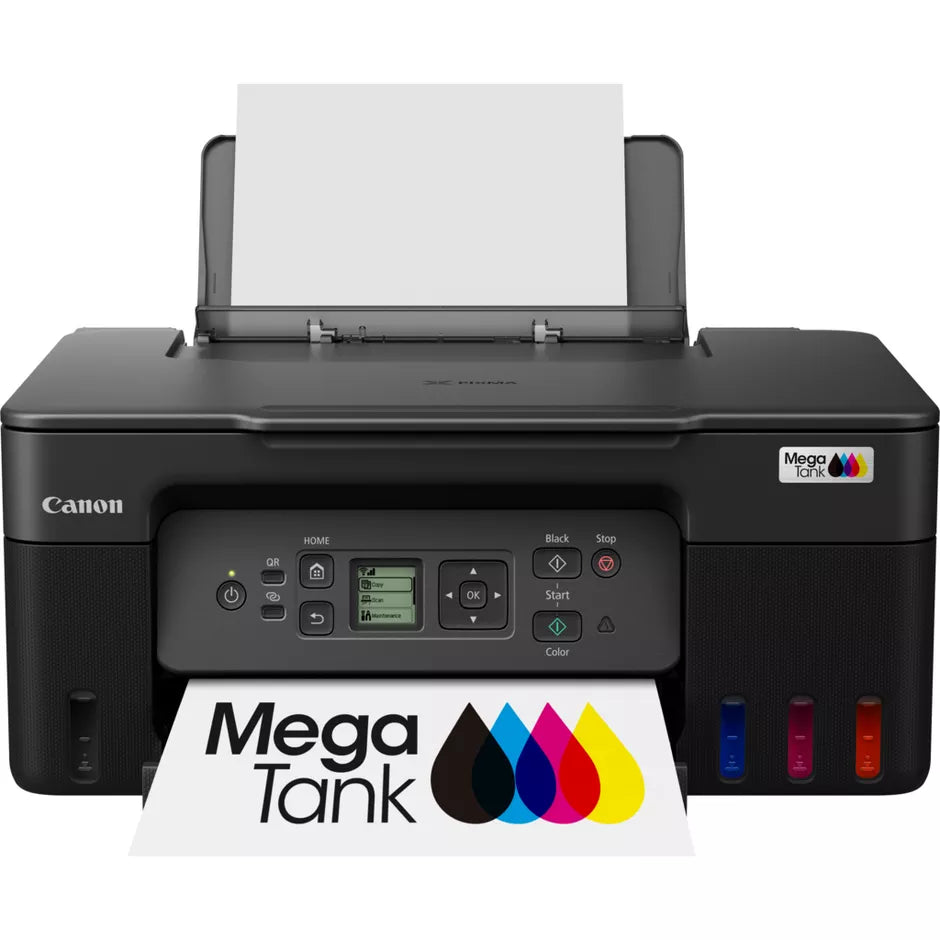 Canon Mega Tank printer with ink cartridges on a white background