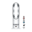 Dyson Hot + Cool HF1 white and silver heater fan with digital display, shown with icons indicating temperature control, voice activation, and WiFi connectivity features