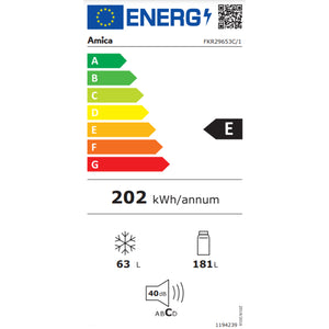 EU Energy Label for Amica FKR29653C cream retro fridge freezer showing E energy rating, 202 kWh annual consumption, 63L freezer and 181L fridge capacity, 40dB noise level