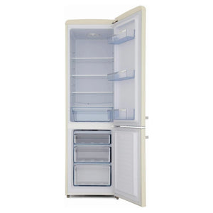 Amica cream retro style fridge freezer with open doors showing shelving and freezer drawers, 181cm tall 60/40 split FKR29653C model