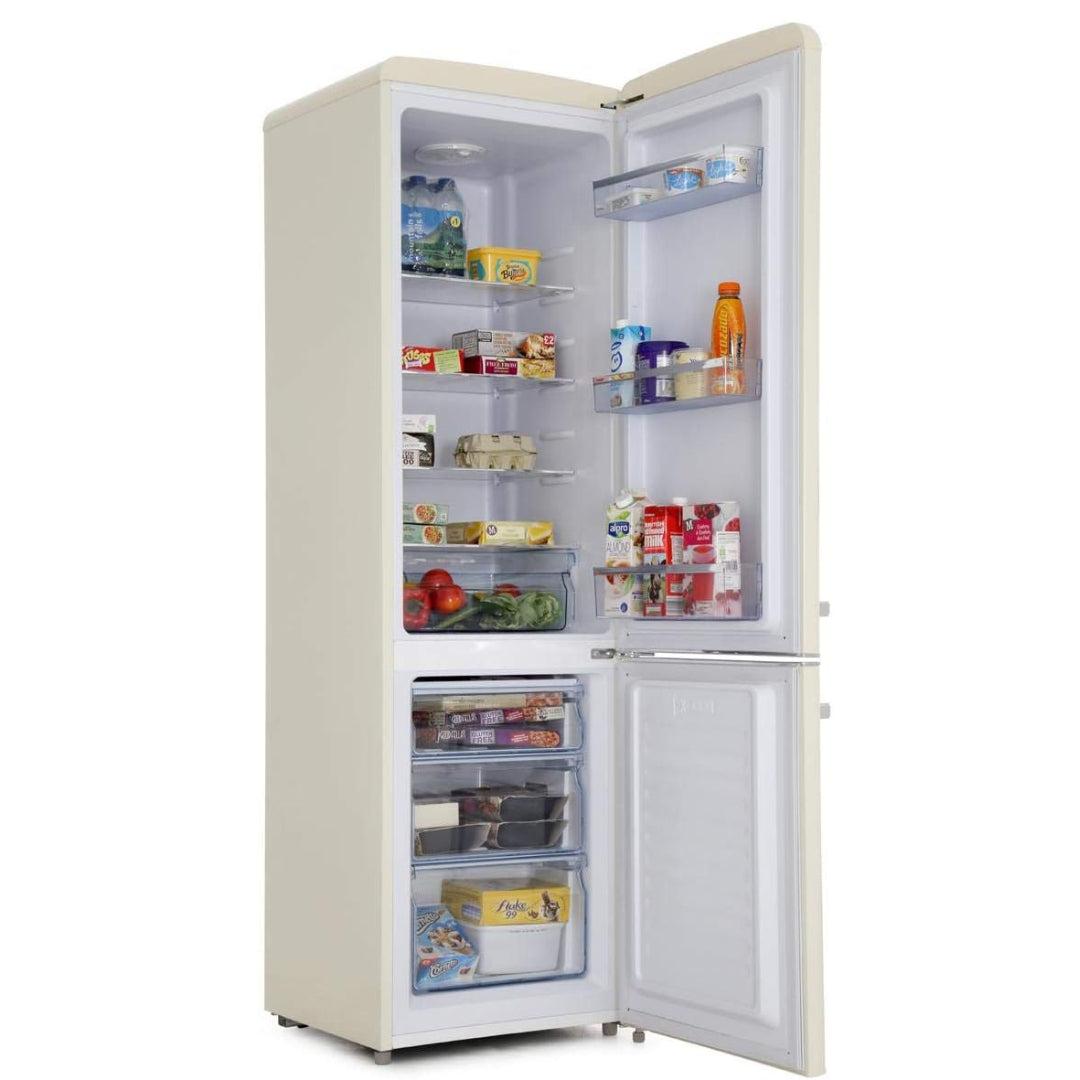 Cream coloured retro style fridge freezer with open doors showing shelves stocked with food items, beverages and frozen goods, 181cm height Amica model FKR29653C