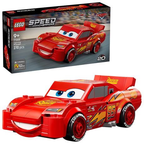 LEGO Speed Champions Lightning McQueen set 77255 showing red brick-built race car with number 95, blue eyes, yellow racing stripes and Rusteze branding, displayed with product box containing 270 pieces for ages 9 and up