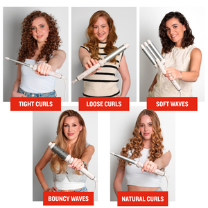 Five women demonstrating different hairstyles created with a Remington Trendology 5-in-1 hair curler featuring a stone barrel, showing tight curls, loose curls, soft waves, bouncy waves, and natural curls styling options