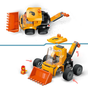 LEGO City Construction Loader set 60483 featuring a yellow and orange motorized construction vehicle with articulated arm and bucket, snow plow attachment, orange storage container, and minifigure with hard hat on white background