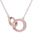 Rose gold interlocking pendant necklace with cubic zirconia crystals on delicate chain, Newgrange Living jewelry