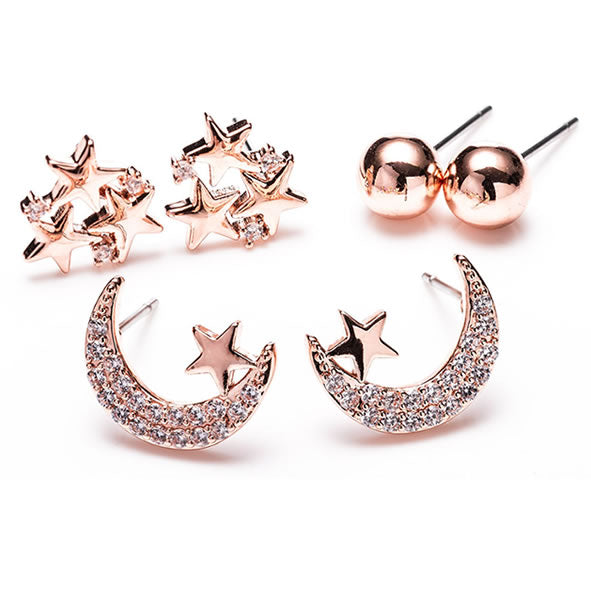 Newgrange Living Sun Moon and Star Earrings Set of 3 - Rose Gold