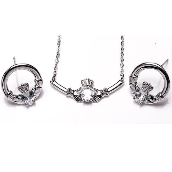 Newgrange Living Claddagh White Stone Pendant and Earrings Set - Silver