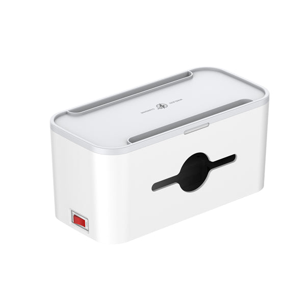 White electronic device with a black component on a white background