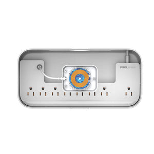 Electrical panel with multiple outlets and a switch on a white background