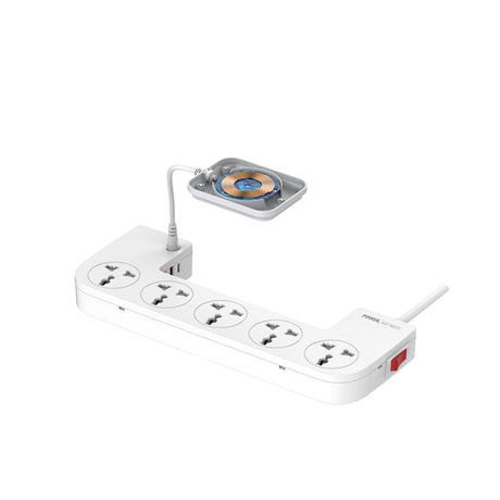 White power strip with multiple outlets and a USB port on a white background