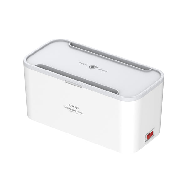 White electronic device with a red button on a white background