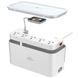 White power strip with multiple sockets and a small lamp on a white background