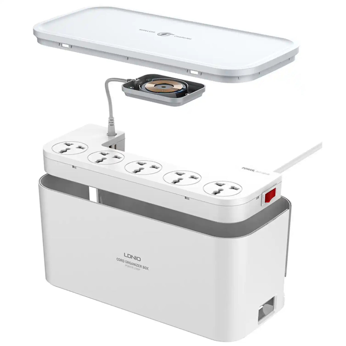 White power strip with multiple sockets and a small lamp on a white background