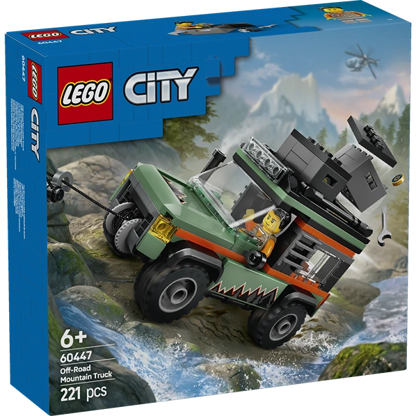 LEGO City Off-Road 4x4 Mountain Truck set 60447 featuring a green and orange all-terrain vehicle with black wheels traversing rocky mountain terrain near water, 221 pieces, ages 6+