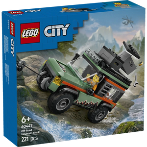 LEGO City Off-Road 4x4 Mountain Truck set 60447 featuring a green and orange all-terrain vehicle with black wheels traversing rocky mountain terrain near water, 221 pieces, ages 6+
