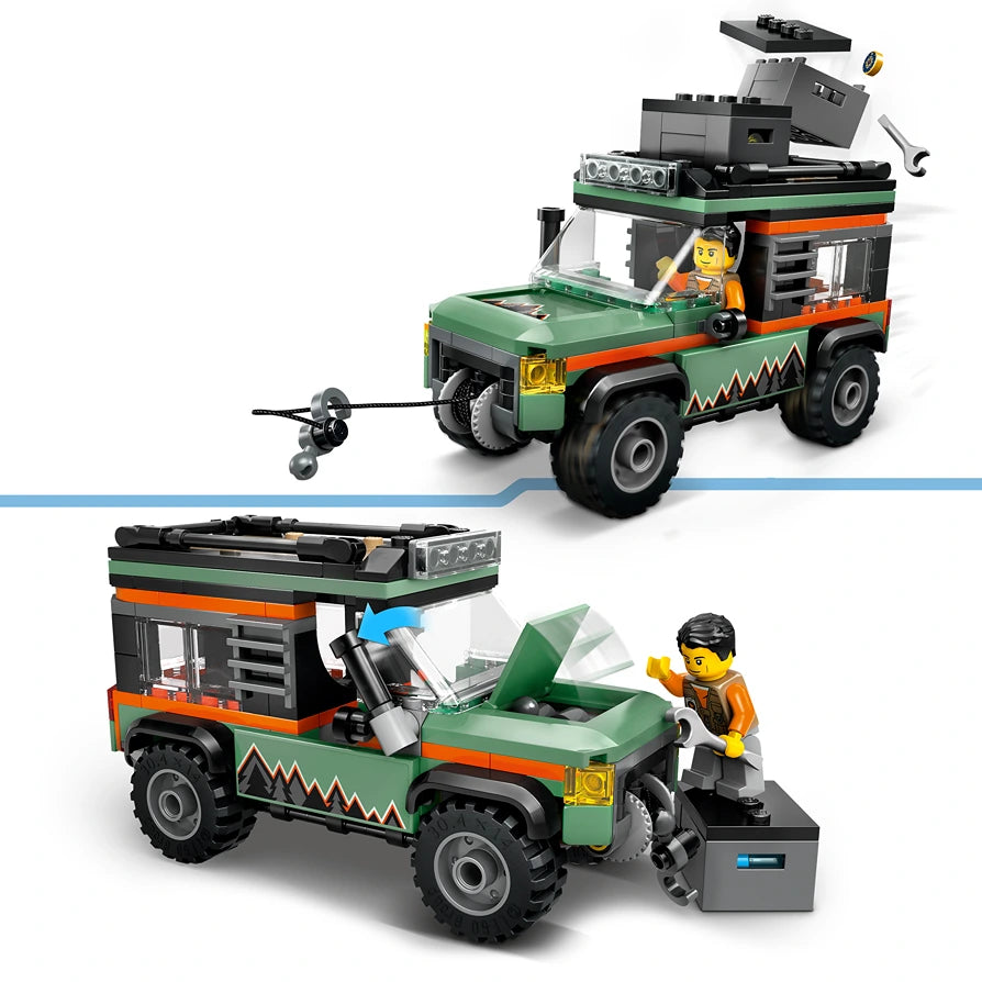 LEGO City Off-Road 4x4 Mountain Truck set 60447 featuring green and orange brick-built vehicle with black wheels, detachable equipment, minifigure driver, and modular components displayed in assembled and construction views