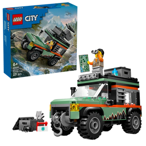 LEGO City Off-Road 4x4 Mountain Truck set 60447 featuring green and orange expedition vehicle with detailed minifigure and accessories, displayed with blue box packaging showing 221 pieces for ages 6 and up