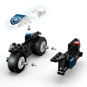 LEGO Police Motorcycle Chase set 60455 showing white brick police car with blue star badge, black motorcycle with red light, and small police officer minifigure against white background