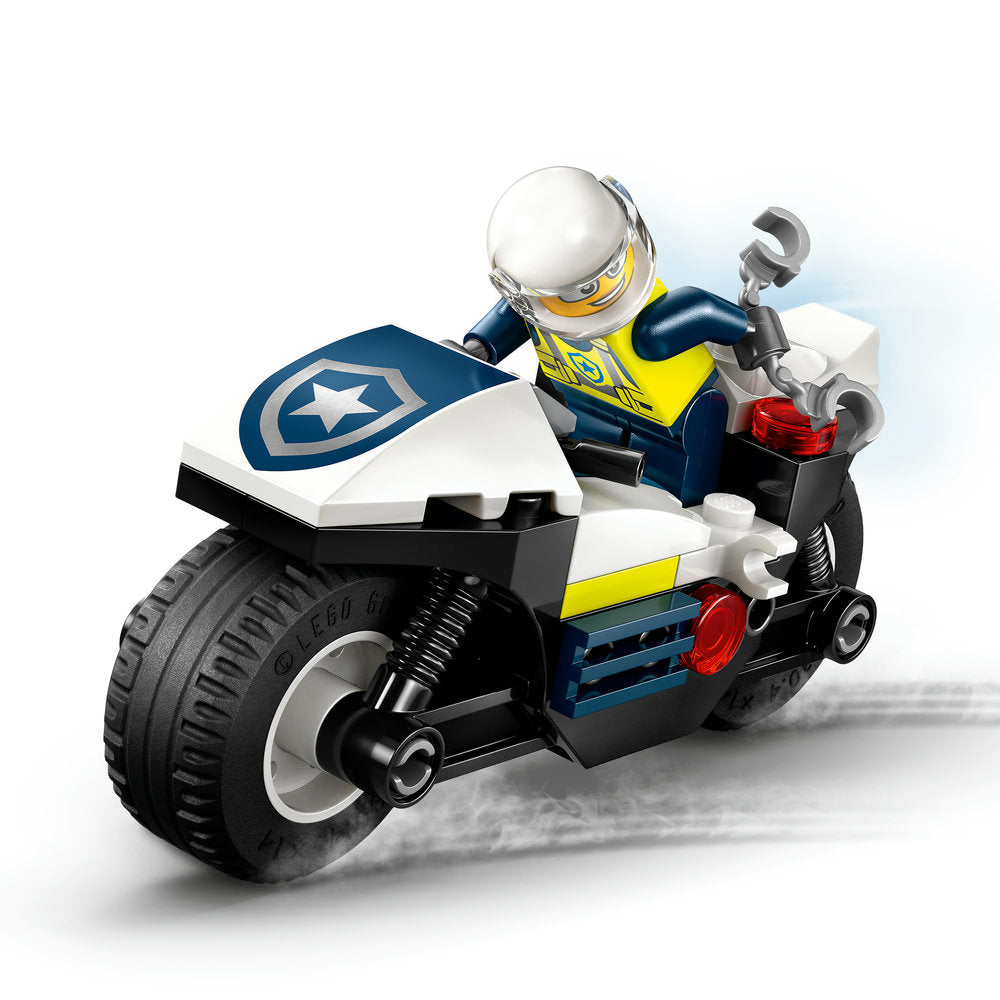 LEGO City Police Motorcycle with minifigure, featuring white and yellow accents, dark blue body, red taillight, large black tyre, and police badge shield on white seat, set 60455