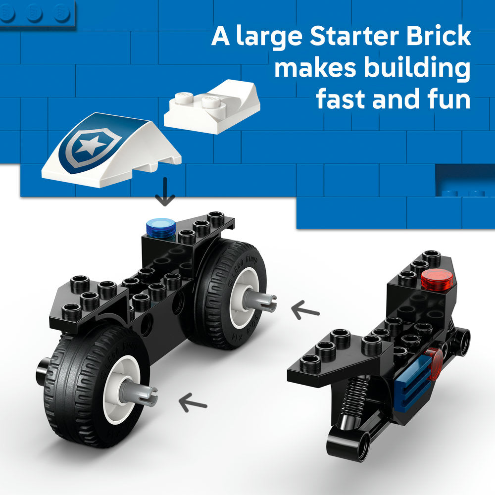 LEGO Police Motorcycle Chase set 60455 showing two black motorcycles with white-wall tires and blue details, alongside white starter brick pieces demonstrating quick assembly, displayed against a blue brick background with product text