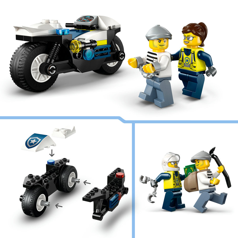 LEGO City Police Motorcycle Chase 60455 set featuring white and black police motorcycle with blue and yellow details, two minifigures in yellow police vests and grey caps, criminal minifigure with brown hair and green money bag, and instruction diagram showing assembly components including wheels and chassis pieces