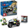 LEGO City Police Motorcycle 60455 set featuring a white and blue police motorcycle with minifigure officer, green skateboard with robber minifigure holding money, and grey police station booth with wanted poster, 65 pieces, 4+ age rating