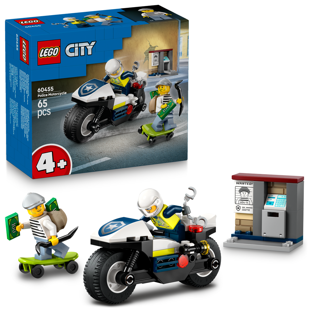 LEGO City Police Motorcycle 60455 set featuring a white and blue police motorcycle with minifigure officer, green skateboard with robber minifigure holding money, and grey police station booth with wanted poster, 65 pieces, 4+ age rating