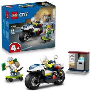 LEGO City Police Motorcycle 60455 set featuring a white and blue police motorcycle with minifigure officer, green skateboard with robber minifigure holding money, and grey police station booth with wanted poster, 65 pieces, 4+ age rating