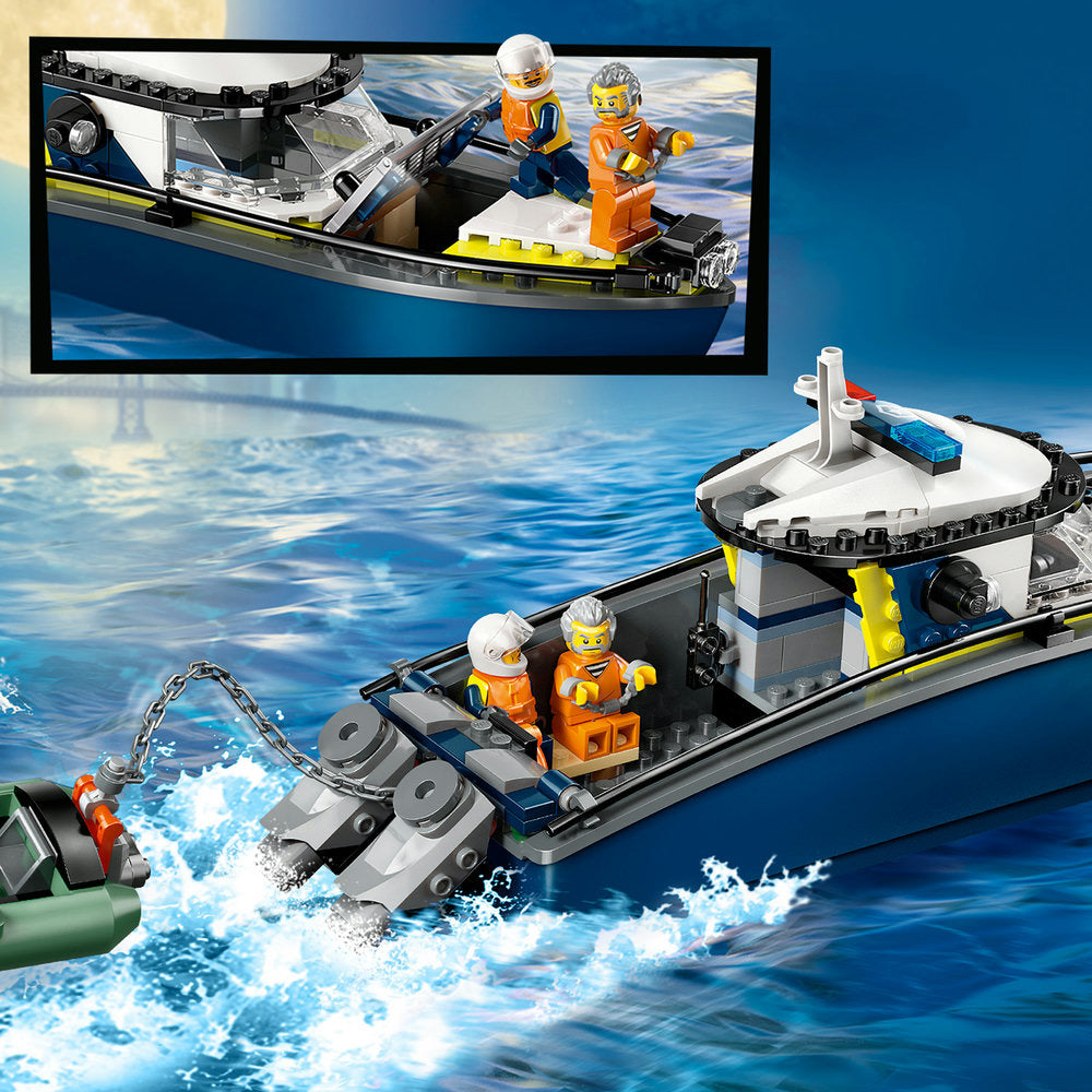 LEGO Police Boat Chase 60456 set featuring two blue and white police speedboats with orange-suited minifigures on ocean water backdrop, displayed with product packaging box above