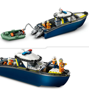LEGO Police Boat Chase set 60456 featuring a blue and yellow police vessel with white cabin, two minifigures in orange life jackets, a green inflatable boat, and detailed maritime rescue accessories shown from multiple angles