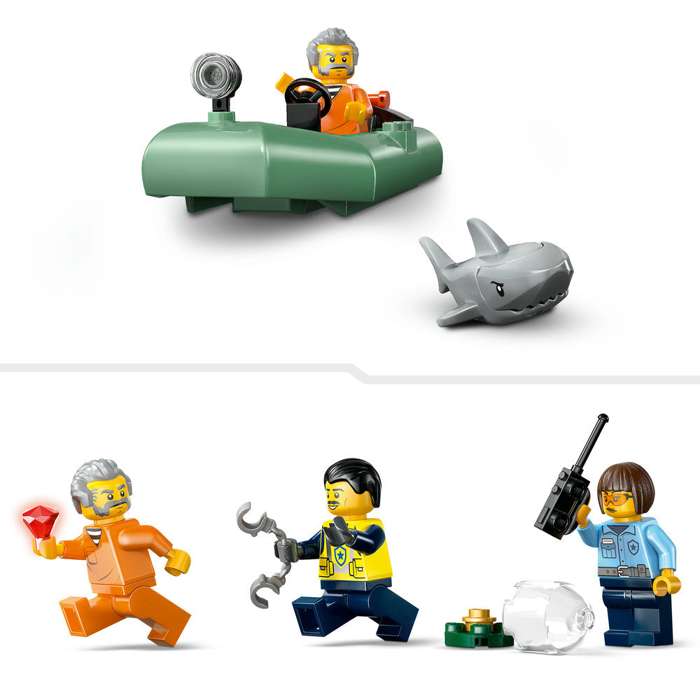 LEGO Police Boat Chase set 60456 featuring green submarine with gray-haired minifigure, gray shark figure, and three additional minifigures including police officer with wrench, officer in orange suit holding red gem, and female officer with black hair holding rifle on white background