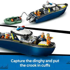 LEGO Police Boat Chase set 60456 featuring a blue and white police boat with yellow accents, a green inflatable dingy, minifigures in orange life jackets, and accessories displayed against white background with product tagline
