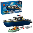 LEGO City Police Boat Chase set 60456 featuring a dark blue and yellow police boat with white cabin, minifigures, green inflatable rescue raft, shark figure, and product packaging against white background